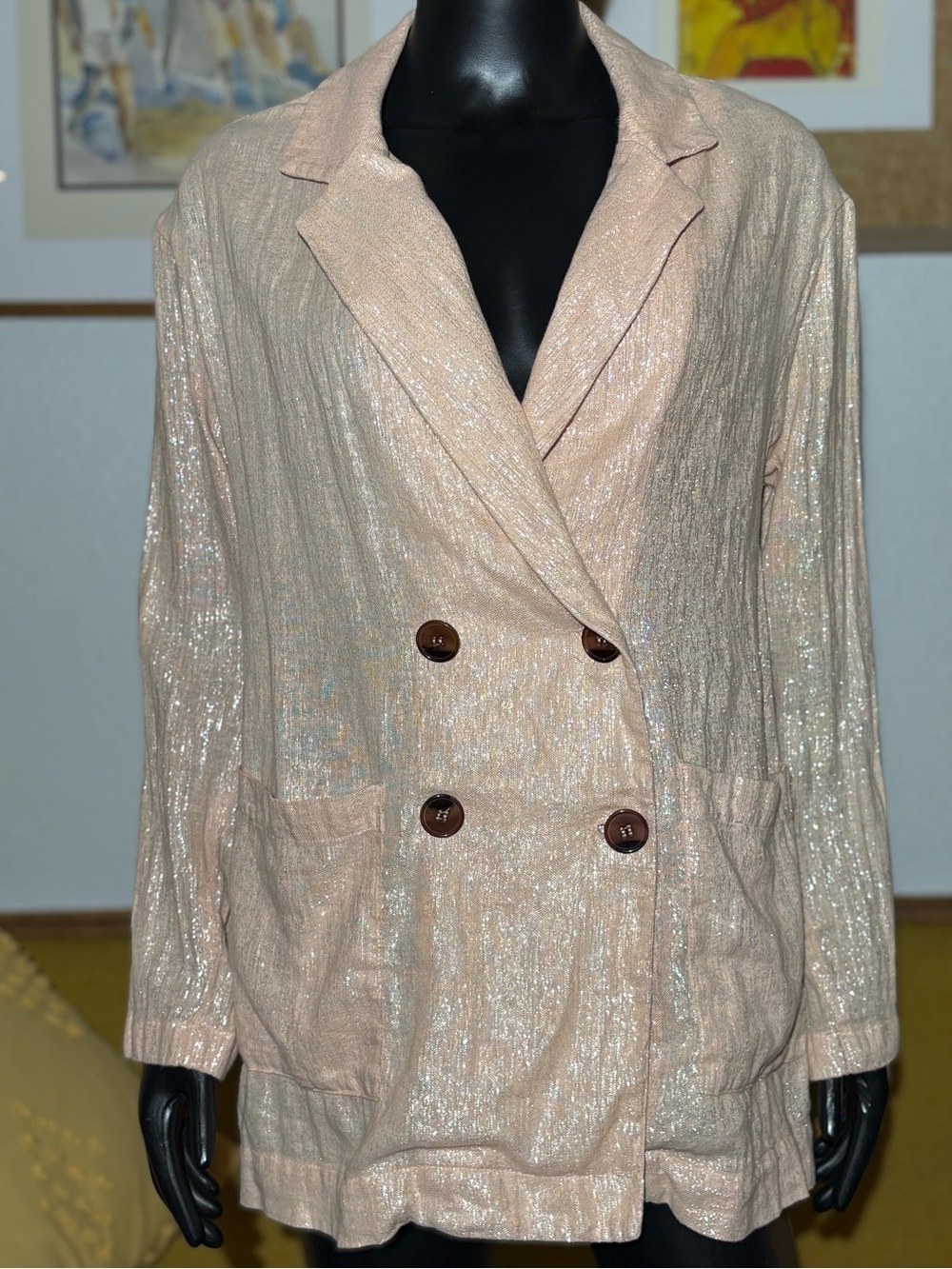 Amadi by Anthropologie Kaye Metallic Shimmer Oversized Linen Blazer Pink/Blush